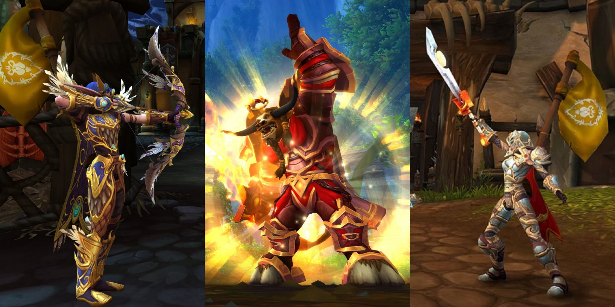 World of Warcraft: Shadowlands - Collage of a night elf hunter, a tauren warrior, and a human paladin in the Arena
