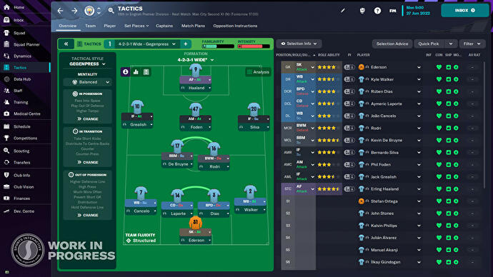 Recenzja FM23 - ekran taktyki przedstawiający graczy Man City, w dużej mierze niezmieniony od poprzednich lat.