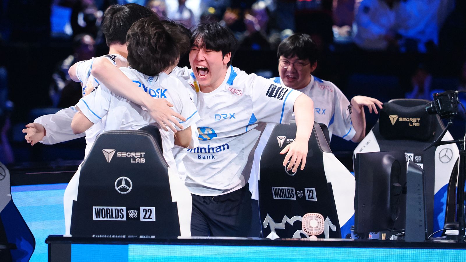 Nov 5, 2022; San Francisco, California, USA; DRX mid laner Kim "Zeka" Geon-woo joins teammates in celebration after winning the League of Legends World Championships against T1 at Chase Center. Mandatory Credit: Kelley L Cox-USA TODAY Sports