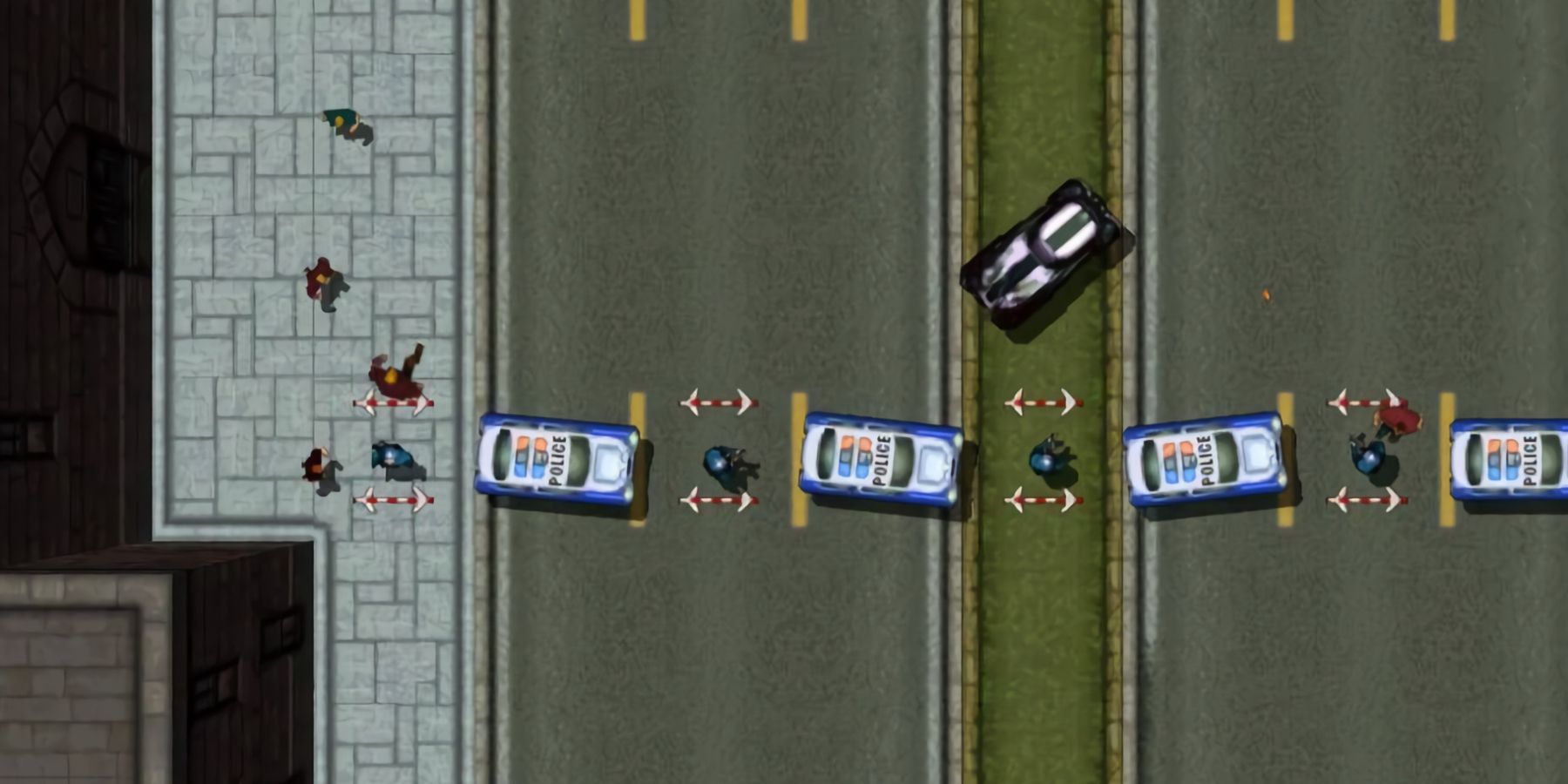 Blokada drogowa ustawiona przez policję w Grand Theft Auto 2.