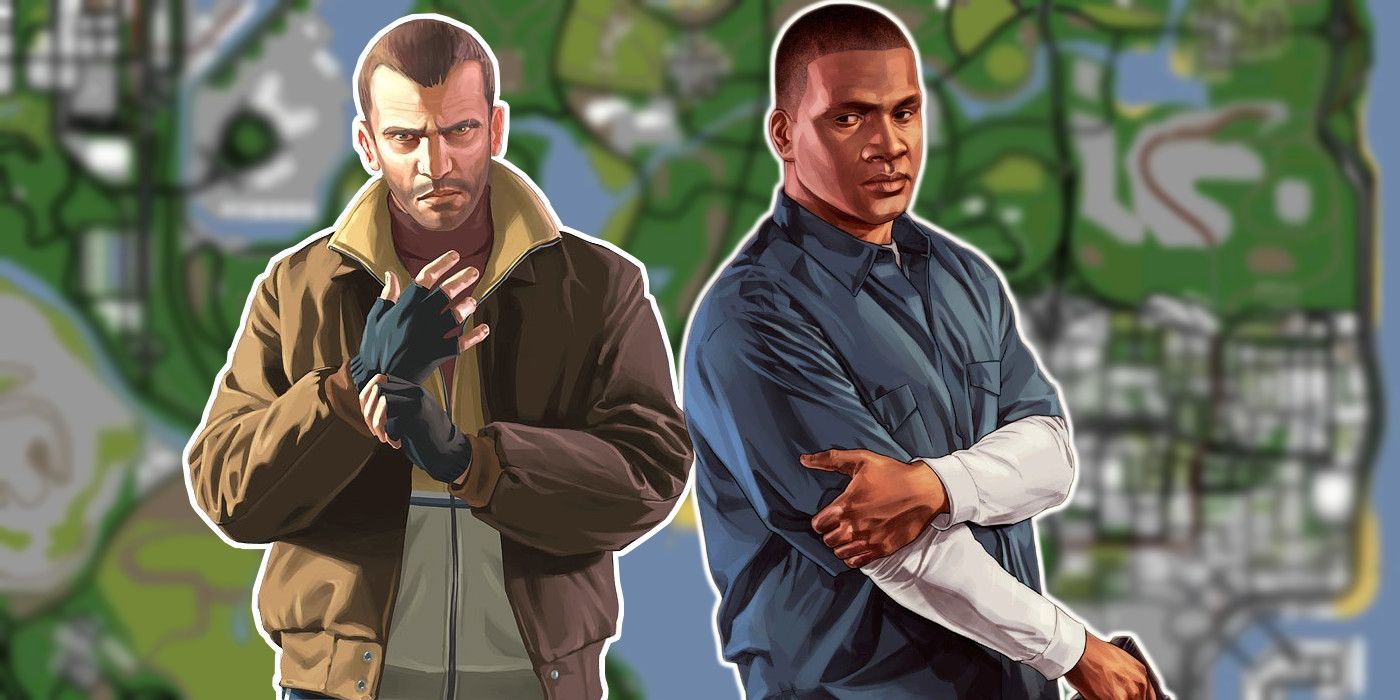 GTA's Niko and Franklin in front of San Andreas' map.
