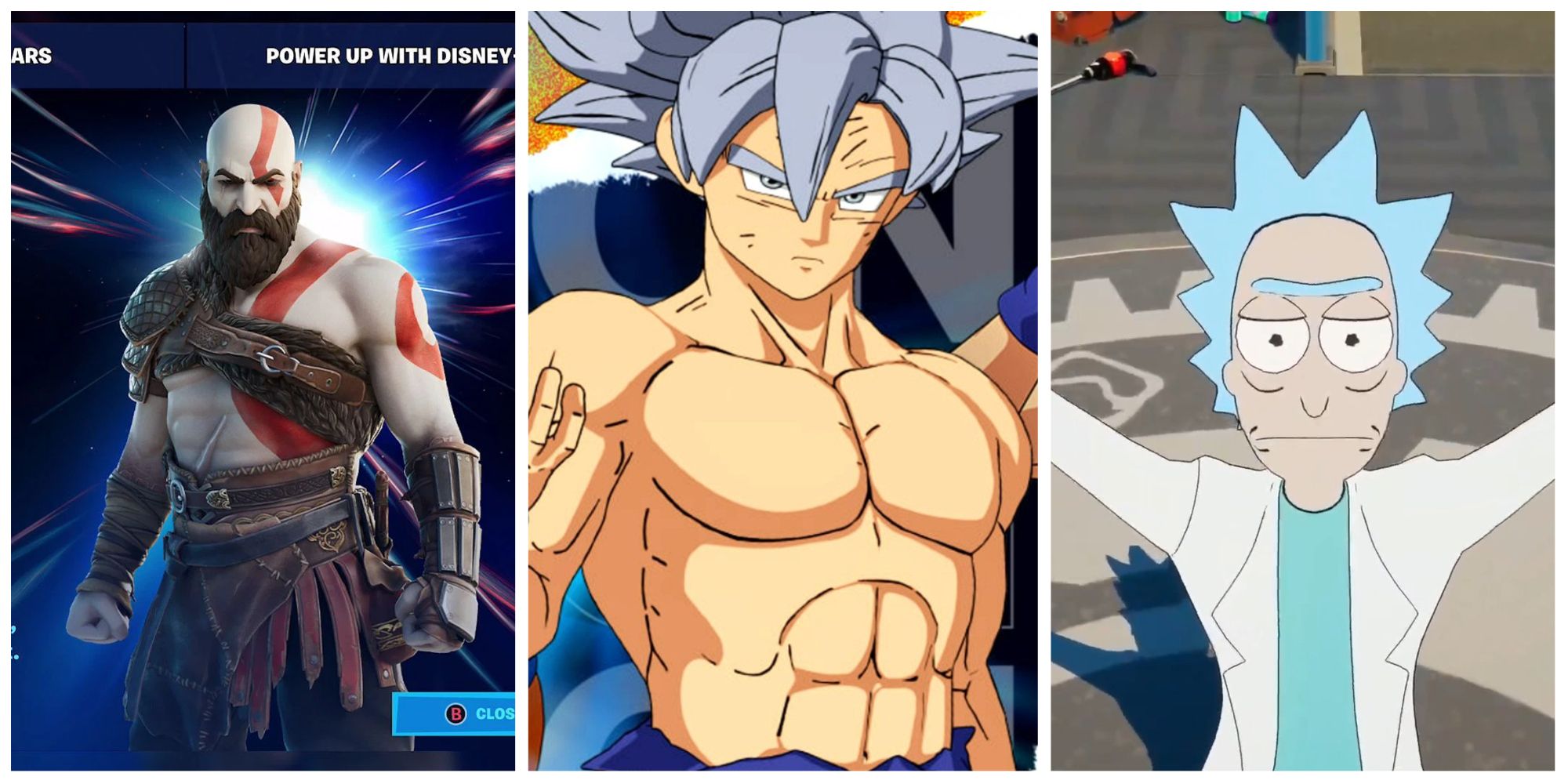kratos, goku, and rick sanchez in fortnite