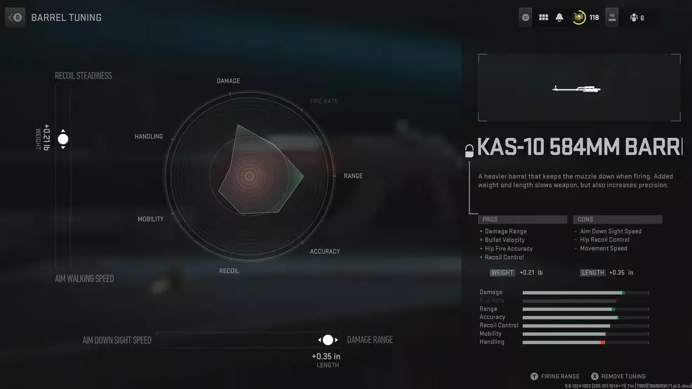 Wykres pająkowy przedstawiający atrybuty broni w Modern Warfare 2