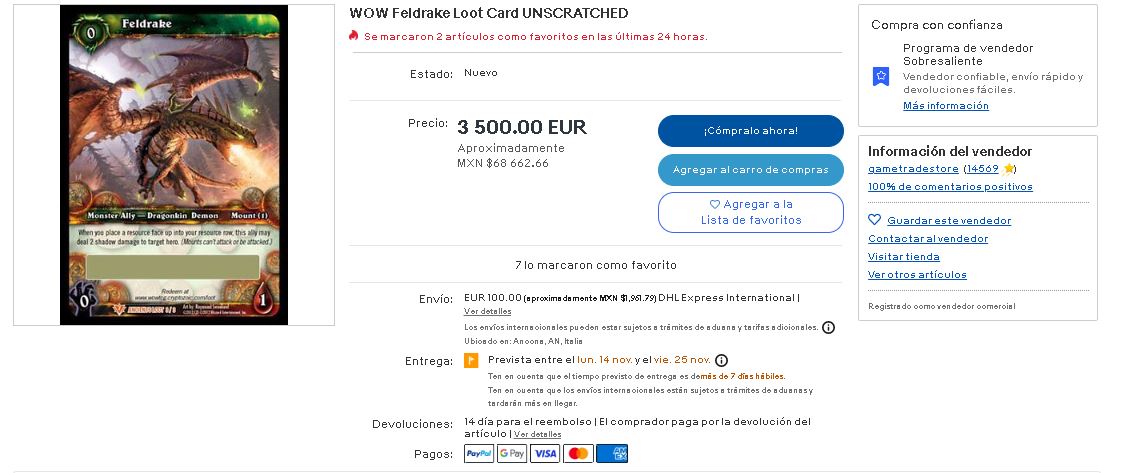 World of Warcraft card is worth a lot of money on eBay