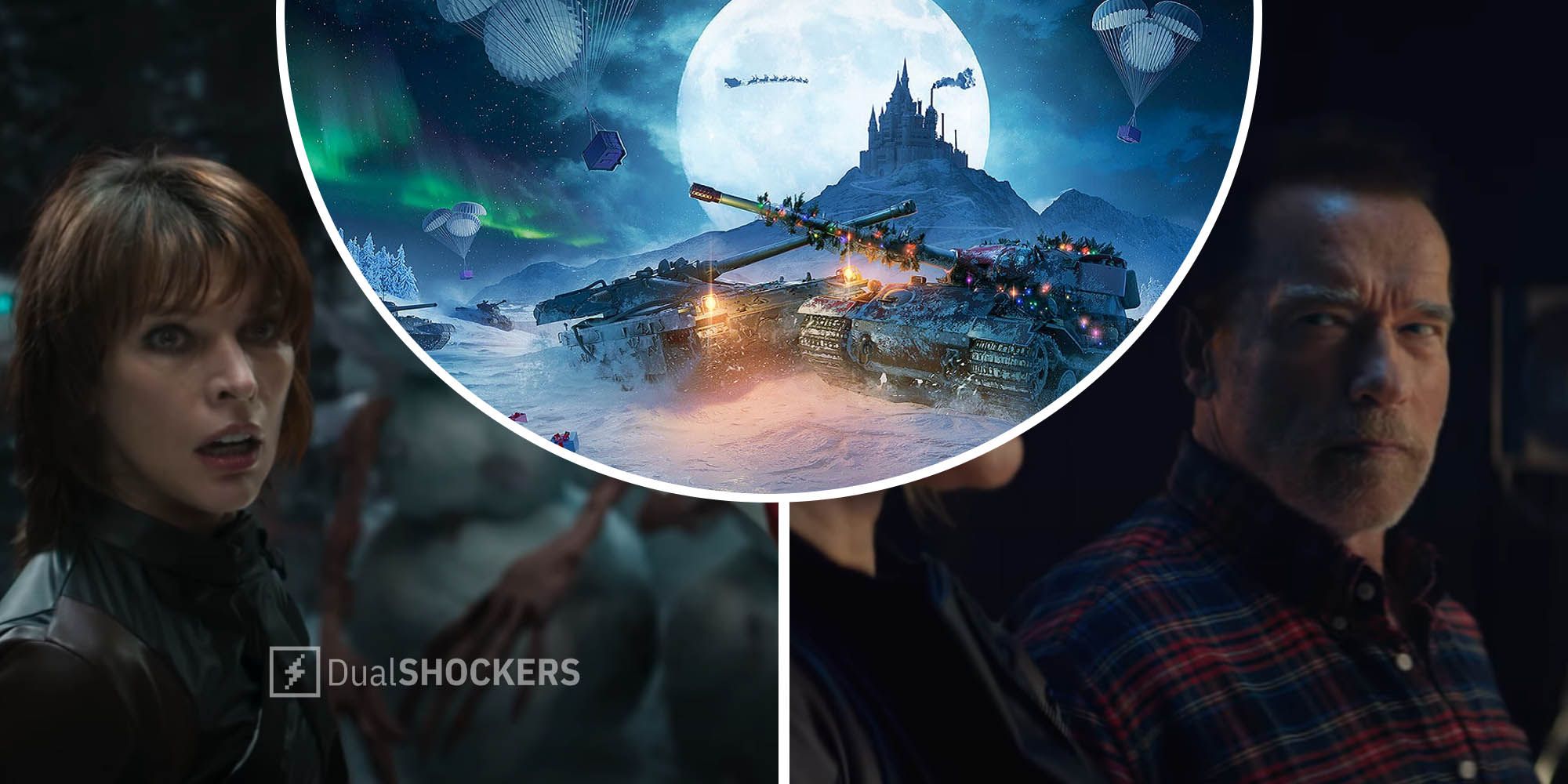Mila Jovovich looking worried and Arnold Schwarzenegger staring thoughtfully in World of Tanks Holiday Ops