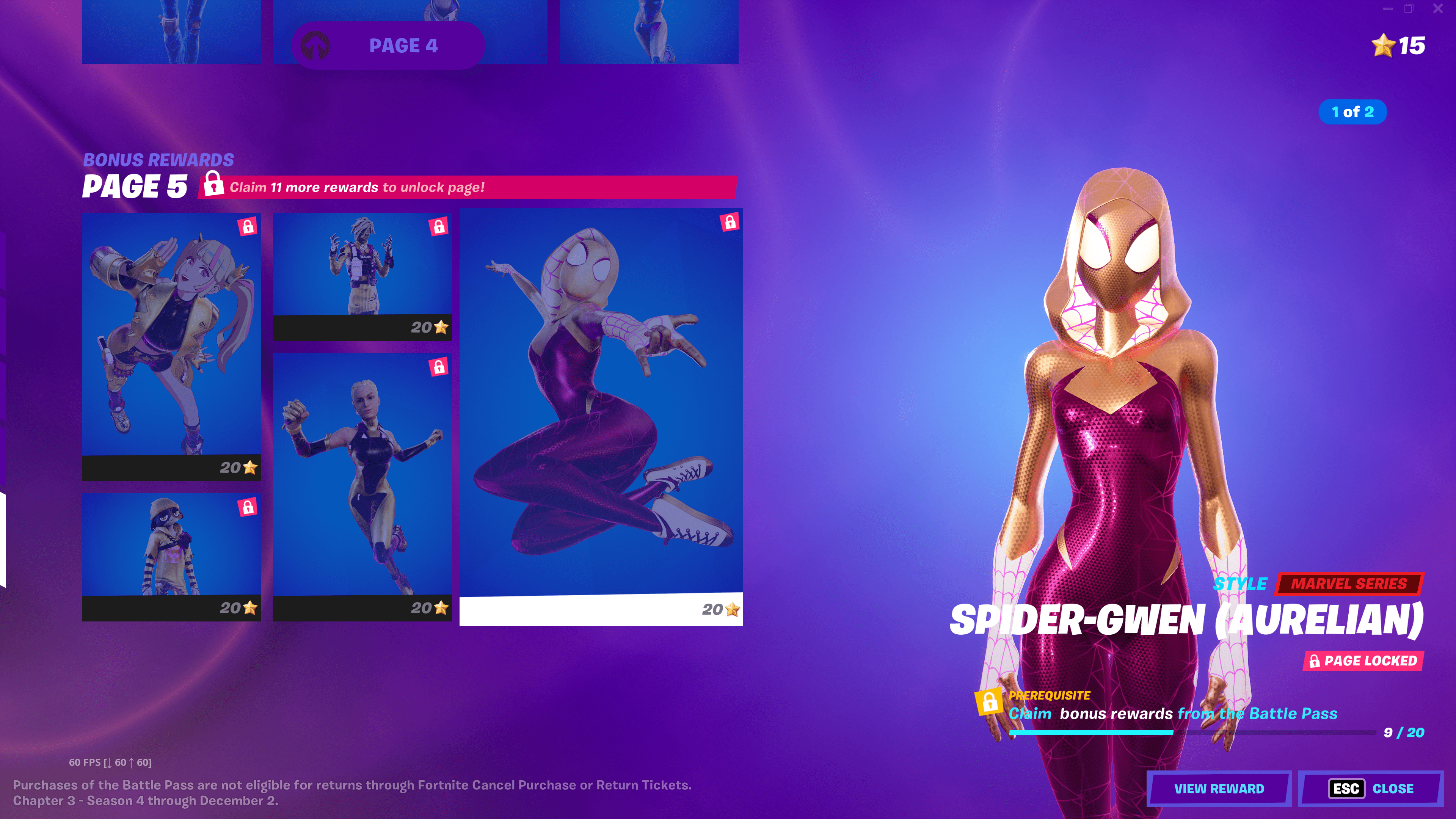Fortnite Rozdział 3 Sezon 4 Spider-Gwen Zrzut ekranu przedstawiający skórkę Spider-Gwen ze złotym wariantem Aurelian na końcu przepustki bojowej Fortnite Rozdział 3, Sezon 4.