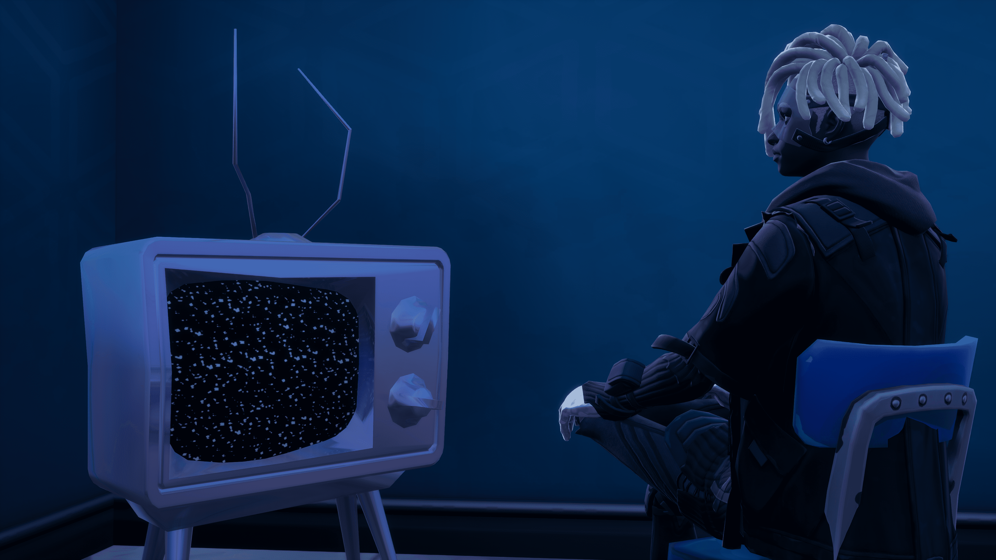 Bytes Fortnite Rozdział 3 Sezon 4 Bytes siedział, patrząc na kodujący się telewizor w Fortnite Rozdział 3 Sezon 4