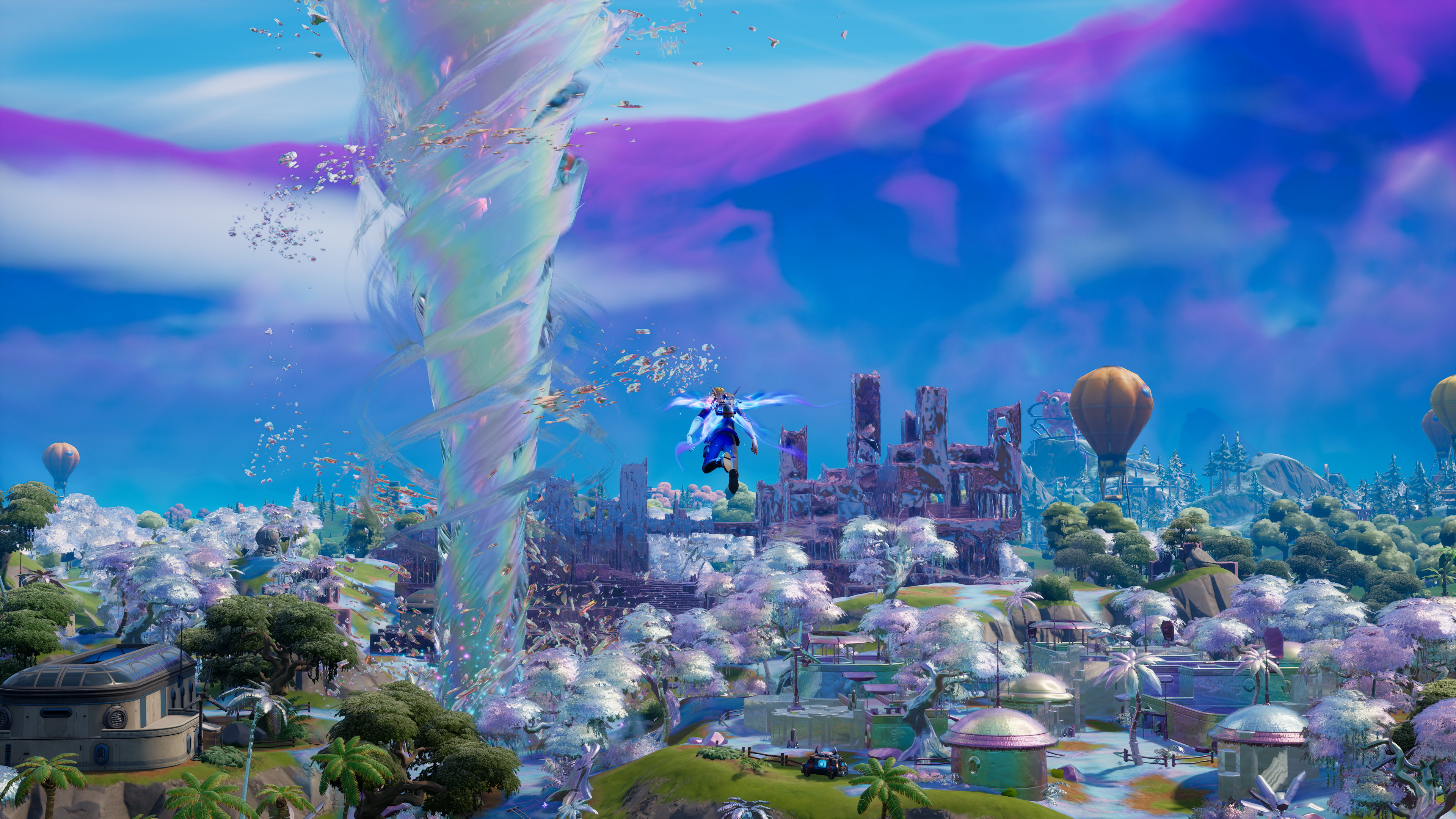 Fortnite Rozdział 3 Sezon 4 Wyspa Zrzut ekranu przedstawiający skórkę Agenta Jonesy'ego lecącą nad wyspą Fortnite Rozdział 3 Sezon 4, z chromowanym tornadem pośrodku.