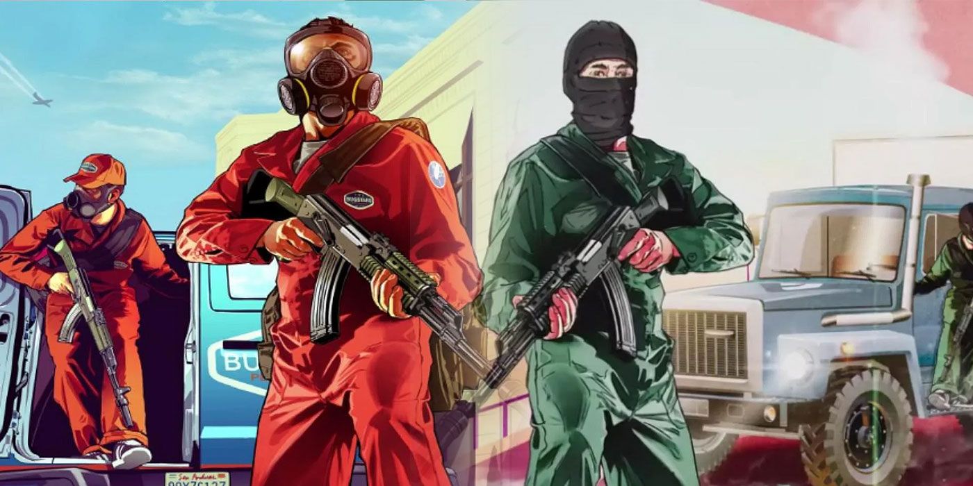 GTA i The Snitch Cartel Origins Artwork podzielone zdjęcie postacie trzymające broń w maskach napadowych i maskach przeciwgazowych