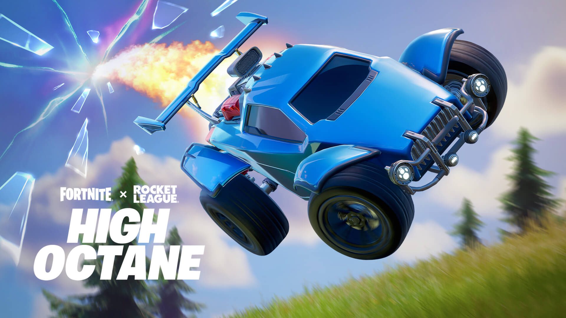 Wysokooktanowa gra Fortnite X Rocket League Zdjęcie ze skrzyżowania Fortnite i Rocket League High Octane, przedstawiające samochód Rocket League spadający z nieba do Fortnite