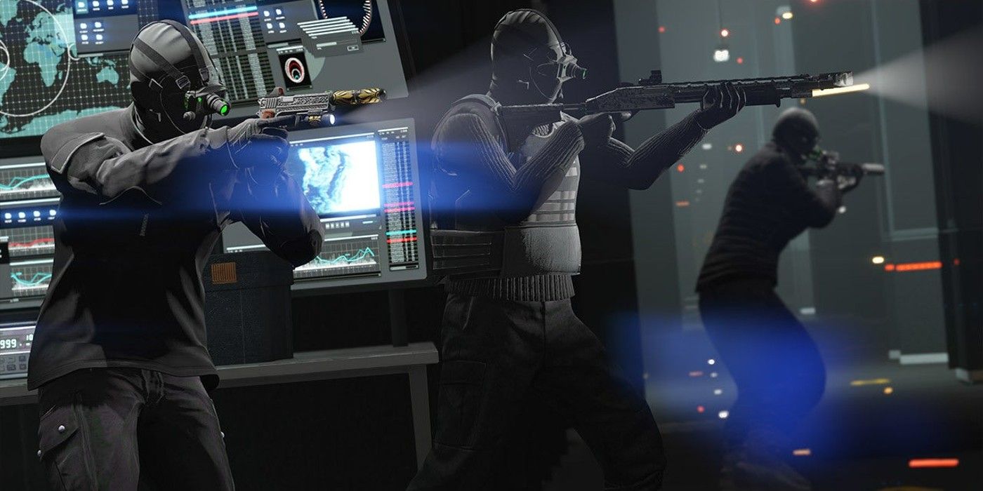 Characters in tactical gear during Grand Theft Auto Online's Doomsday Heist.