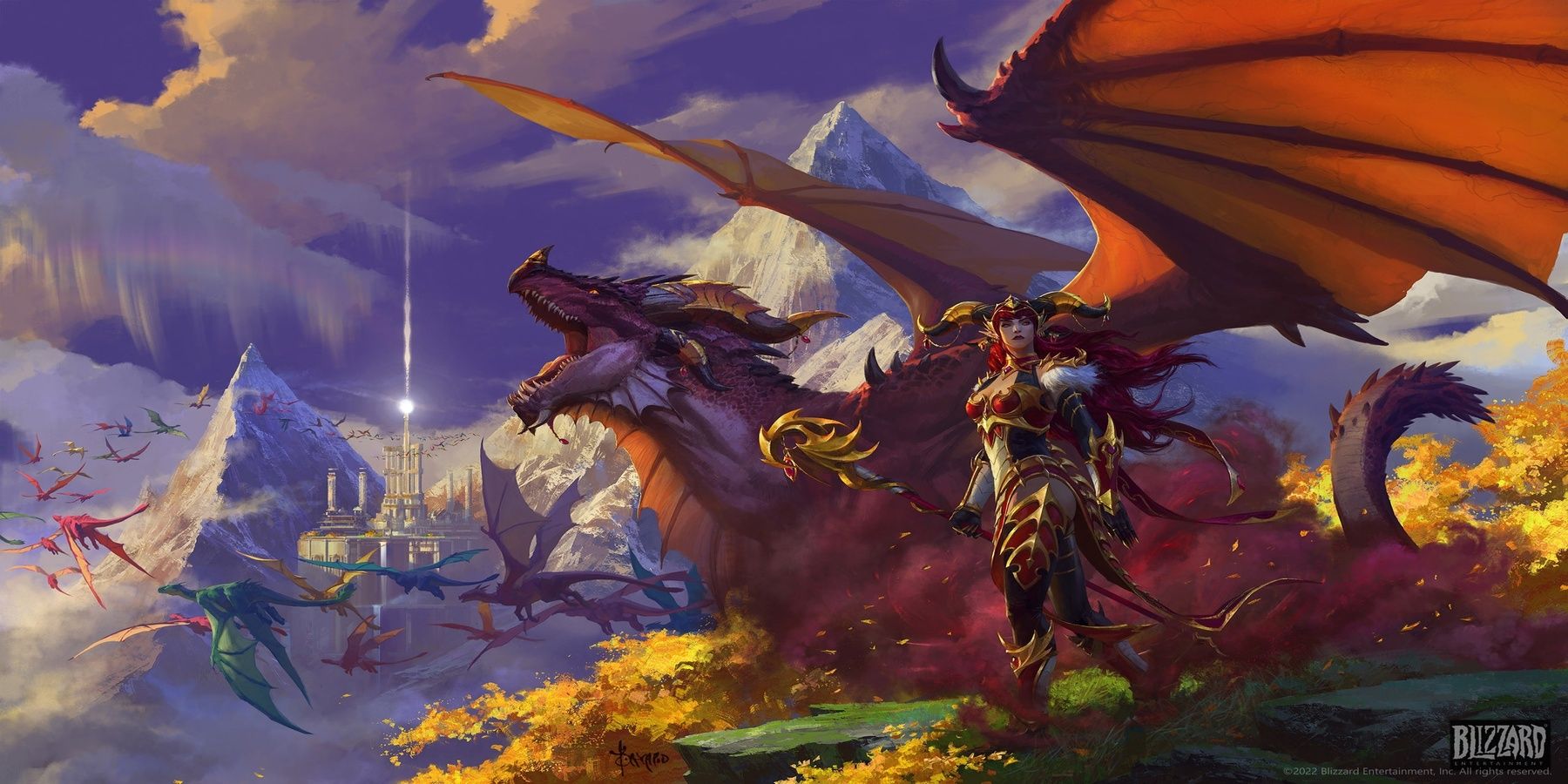 A staff-wielding Alexstrasza stands with her dragon kin