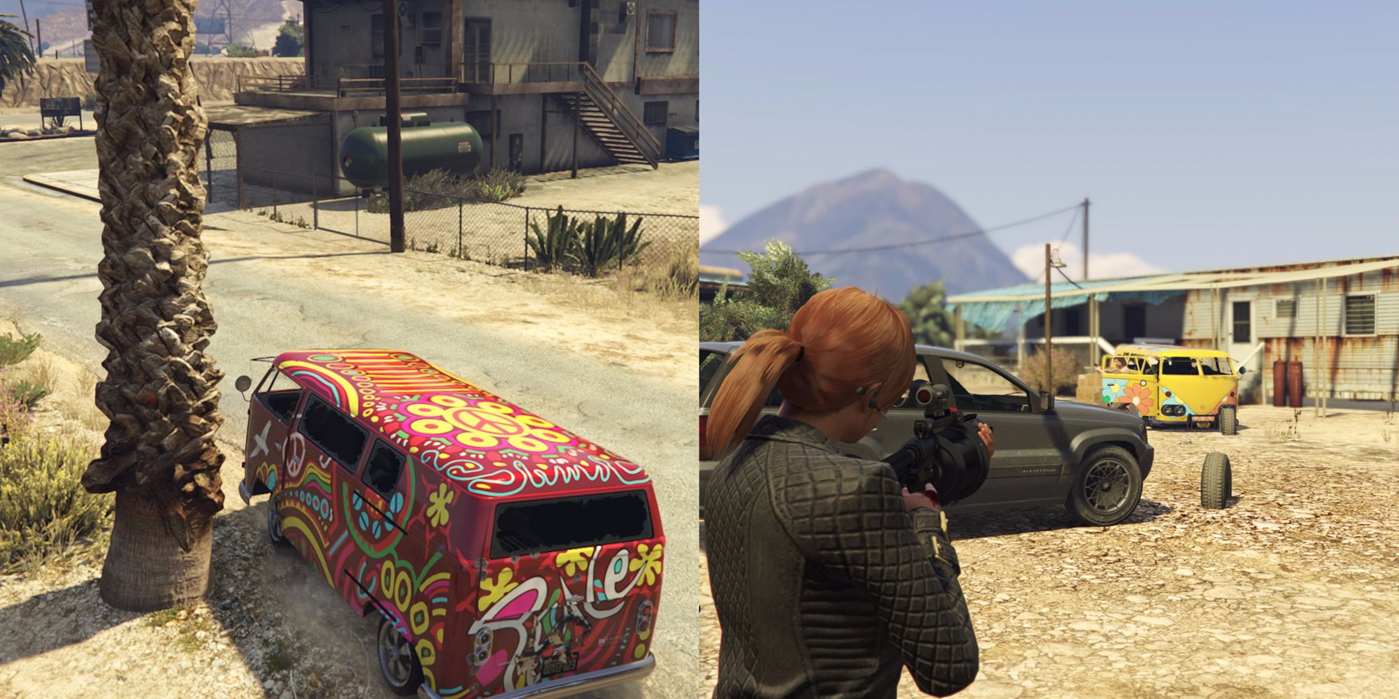 Split image of a colorful van and a person firing a gun