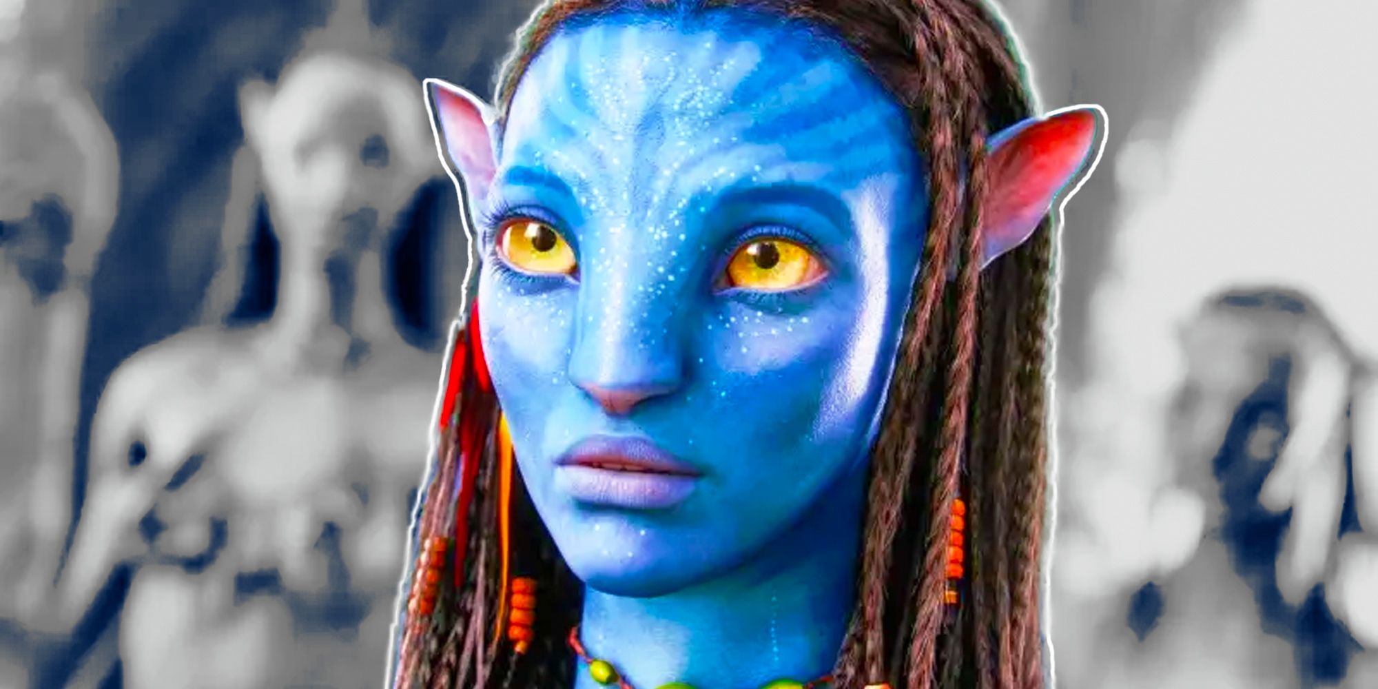 Neytiri z filmu Avatar w kolorze na czarno-białym tle