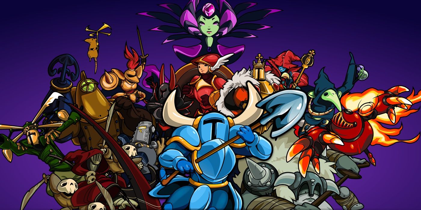 Grafika Shovel Knight przedstawiająca wszystkie postacie i wrogów zebrane razem na fioletowym tle