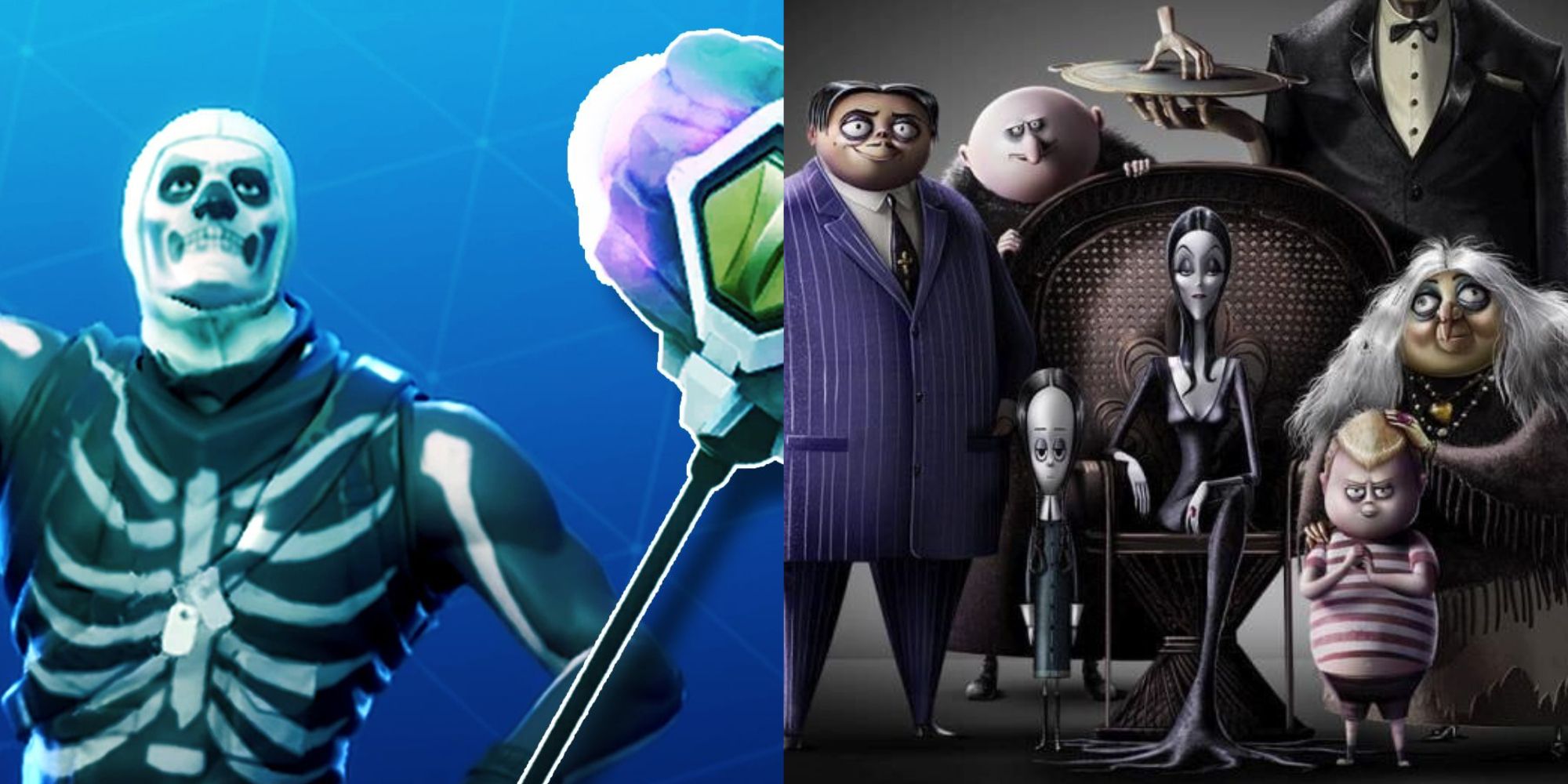 skórka szkieletu fortnite i młot fali uderzeniowej obok filmu Rodzina Addamsów 