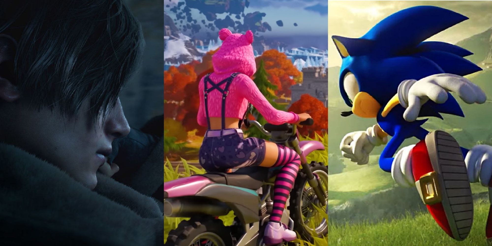 Cover for X Fortnite Collabs We Want To See Happen Featuring Leon S Kennedy from Resident Evil 4 Remake, Fortnite Character on Bike, and Sonic from Sonic Frontiers