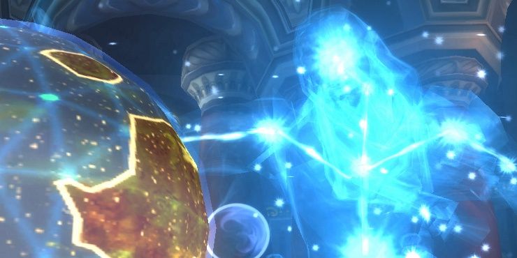 Algalon sięgający po kulę ziemską w grze wideo World of Warcraft