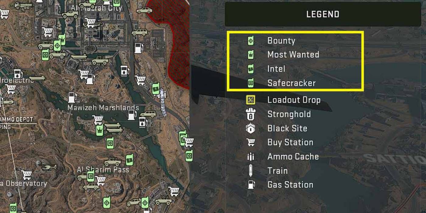 Call of Duty Warzone 2 Legenda menu kontraktów z podświetlonymi ikonami Bounty, Most Wanted, Intel i Safecracker