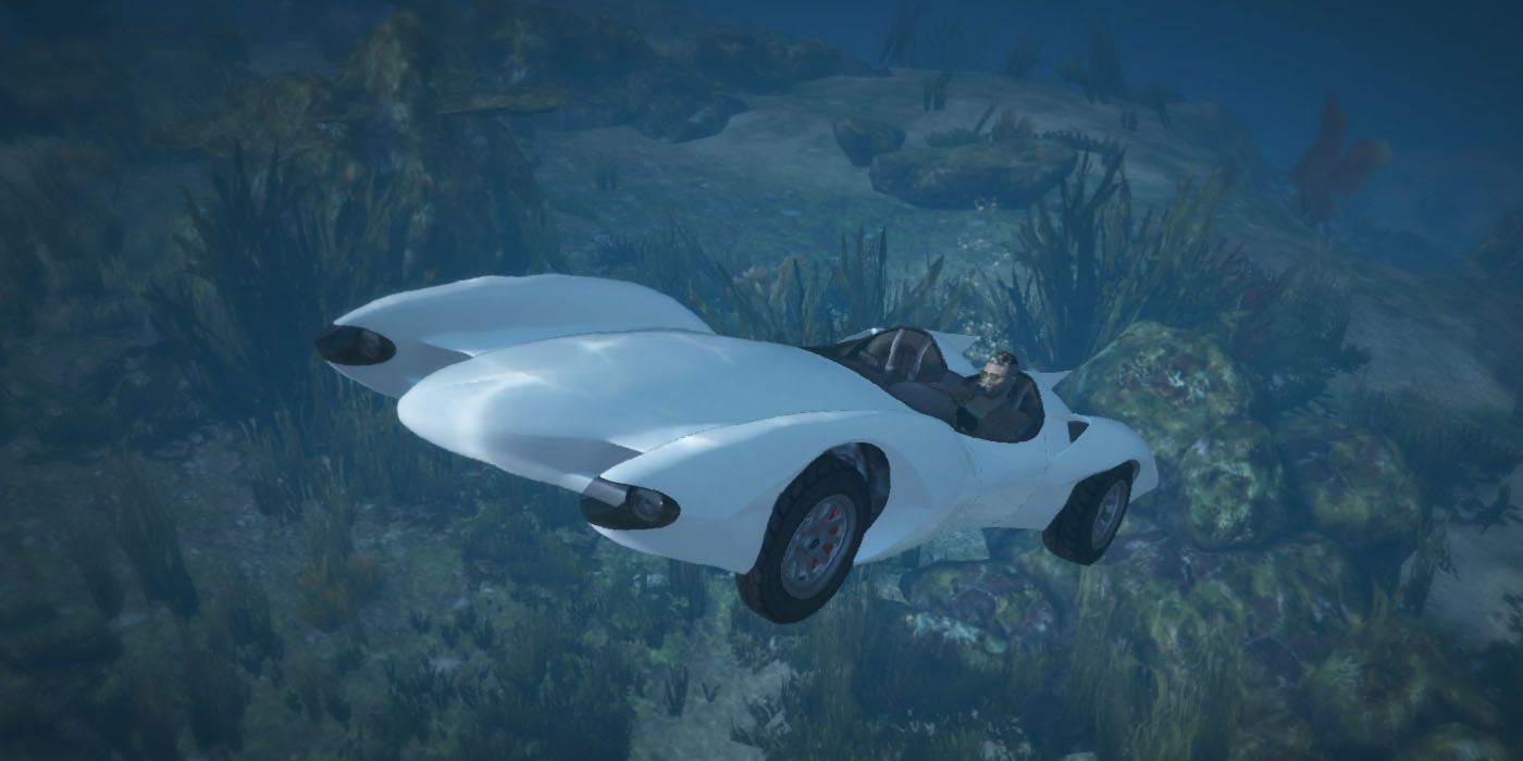 GTA Online Scramjet Car leci pod wodą ze skalistym terenem fauny w tle
