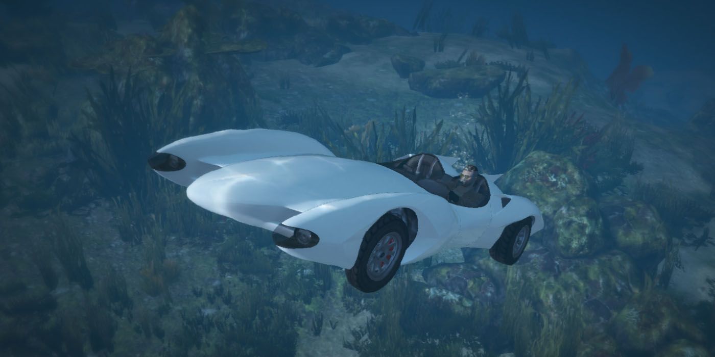 GTA Online Scramjet Car leci pod wodą ze skalistym terenem fauny w tle