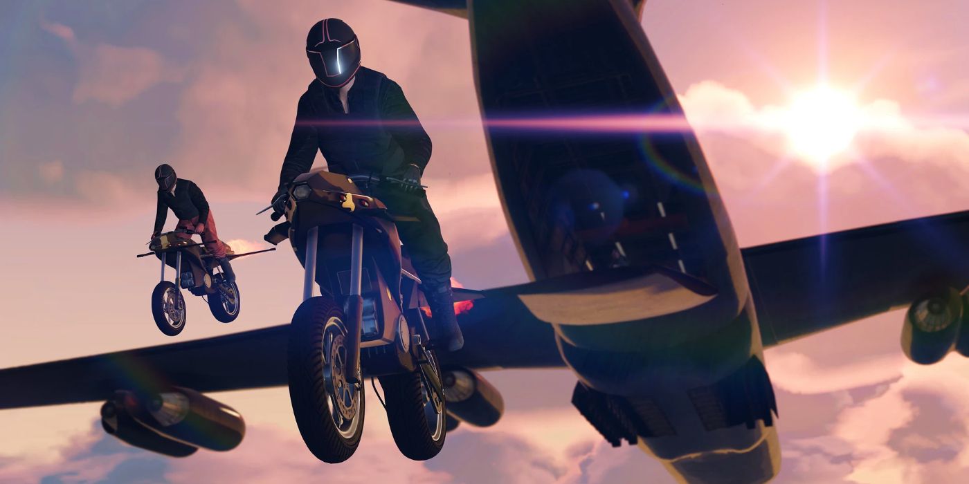 Players dropping out of a plane on Oppressor bikes.