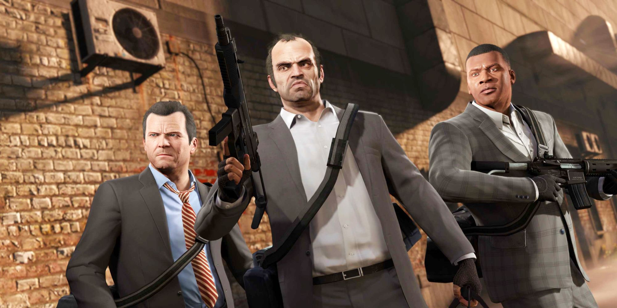 Trzej bohaterowie Grand Theft Auto 5, Michael, Trevor i Franklin trzymają broń