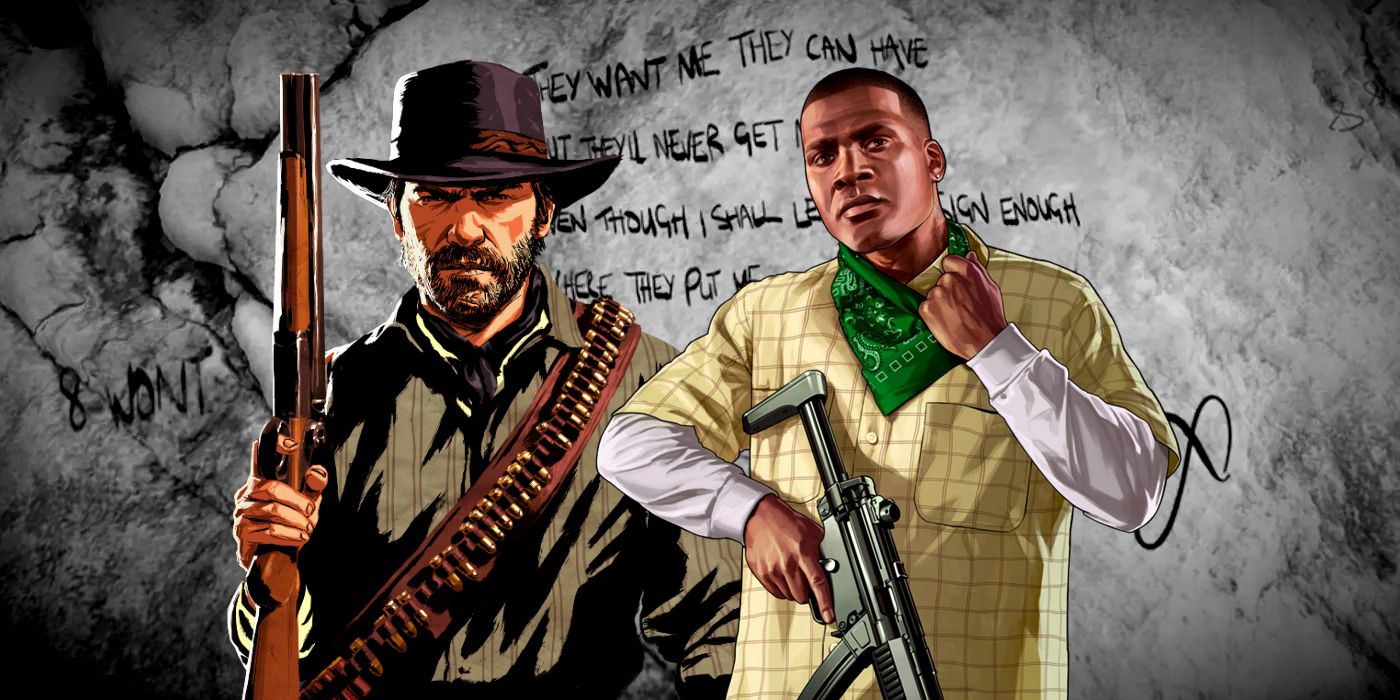 Dzieła Arthura Morgana z Red Dead Redemption 2 i Franklina Clintona z Grand Theft Auto 5 nałożone na wskazówkę pozostawioną w świecie gry GTA 5 przez Infinity Killer.