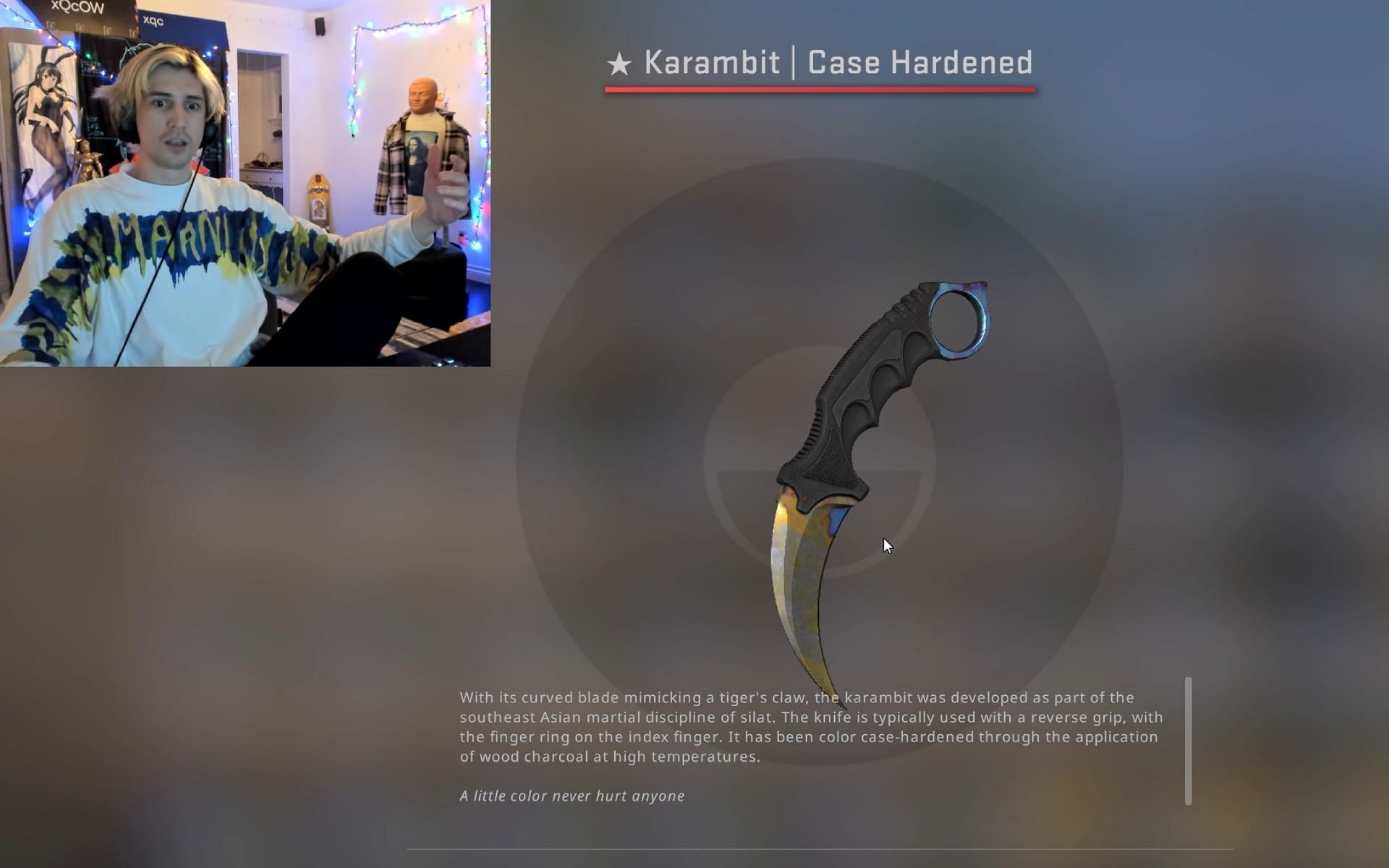 xQc unboxed a rare Karambit knife during a livestream on January 27, 2023 (Image via xQc/Twitch)