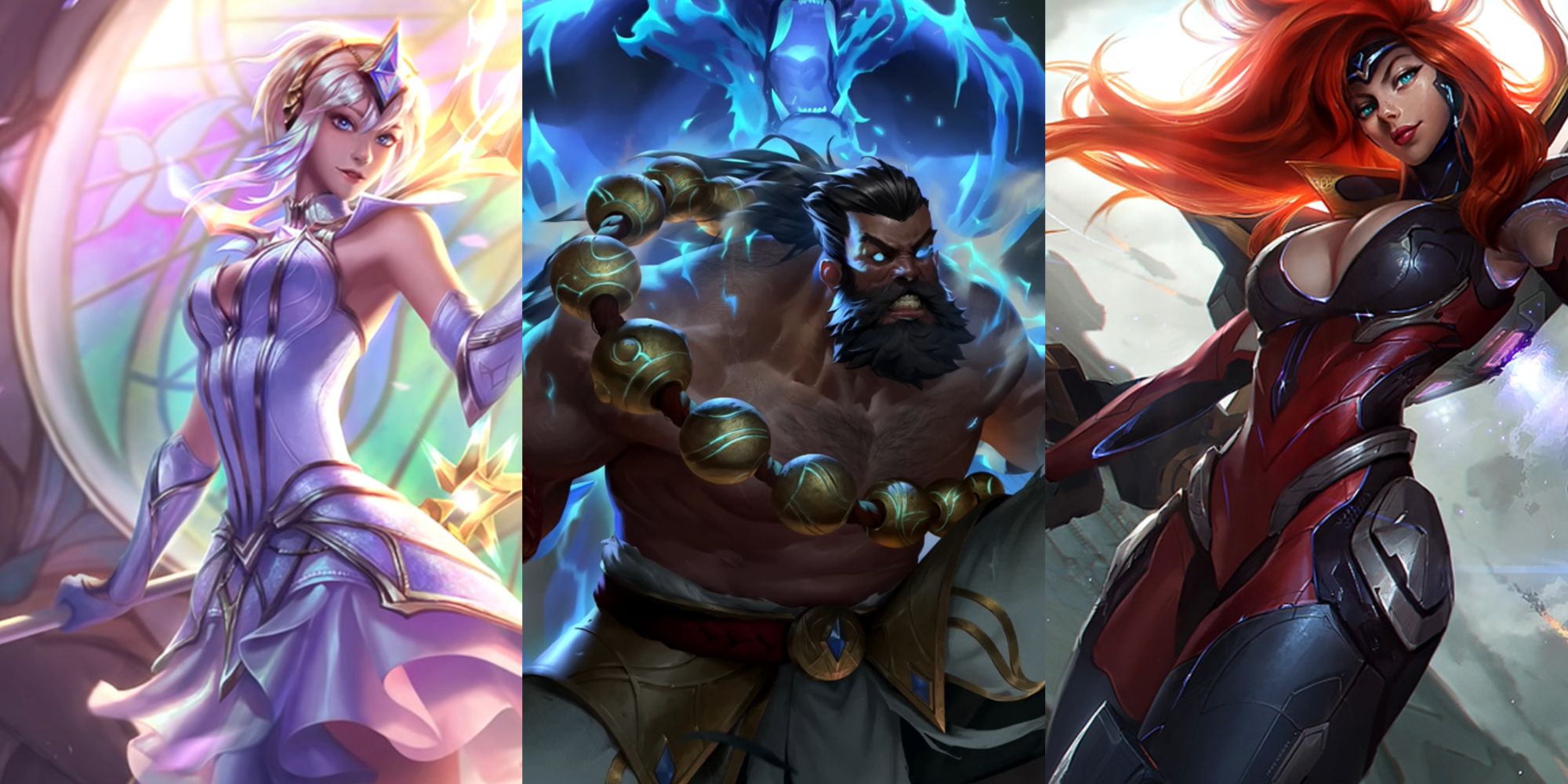 League of Legends collage featuring Lux, Udyr,and Miss Fortune