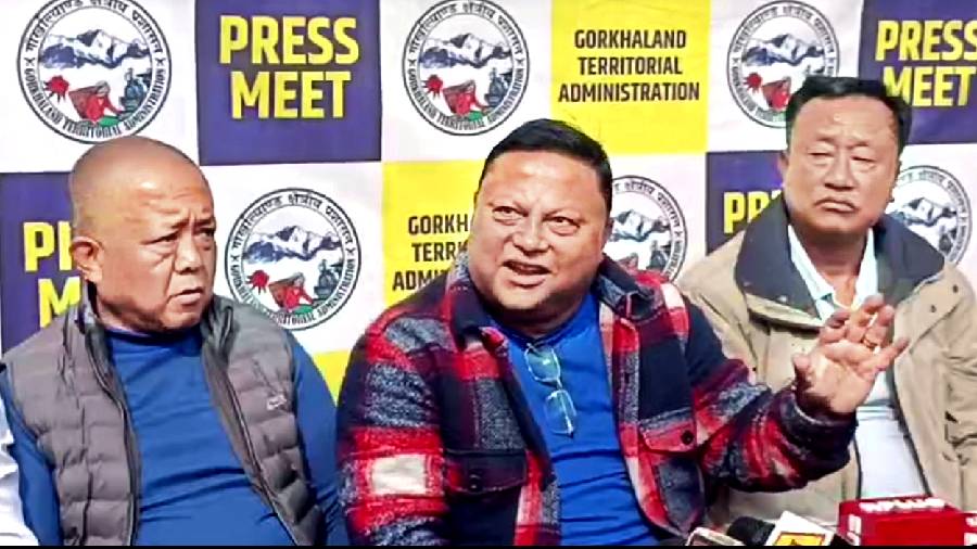 BGPM president Anit Thapa (centre) addresses the media at Siliguri on Saturday