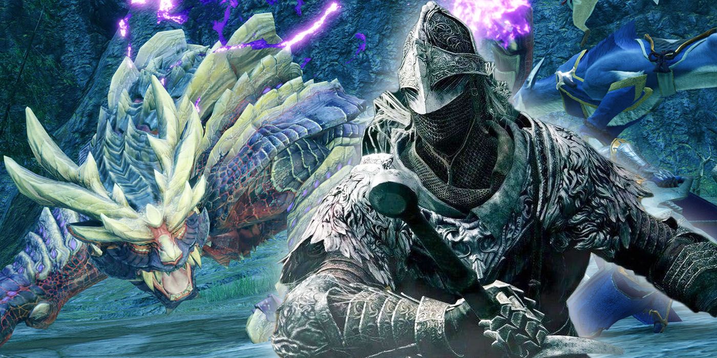 Elden Ring's Tarnished in front of a dragon-like creature from Monster Hunter Rise.