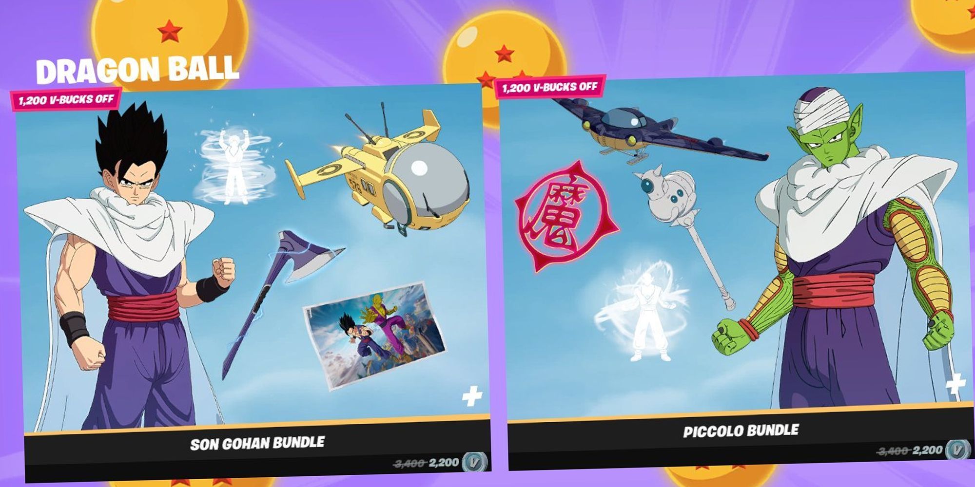 gohan and piccolo with their items in the fortnite store