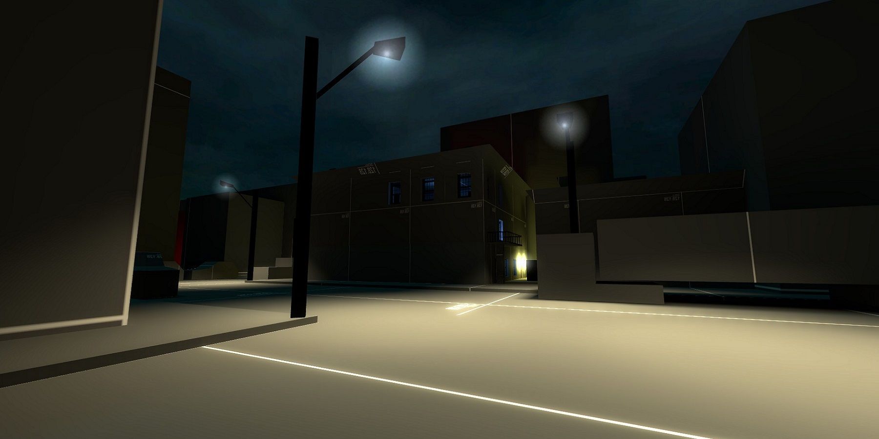 Image from a Left 4 Dead protototype showing a bland street area at night.