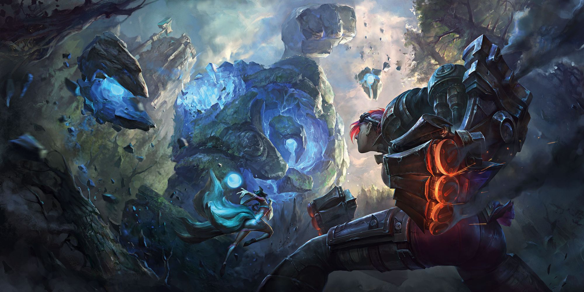Image shows Vi facing off against the Blue Sentinel.