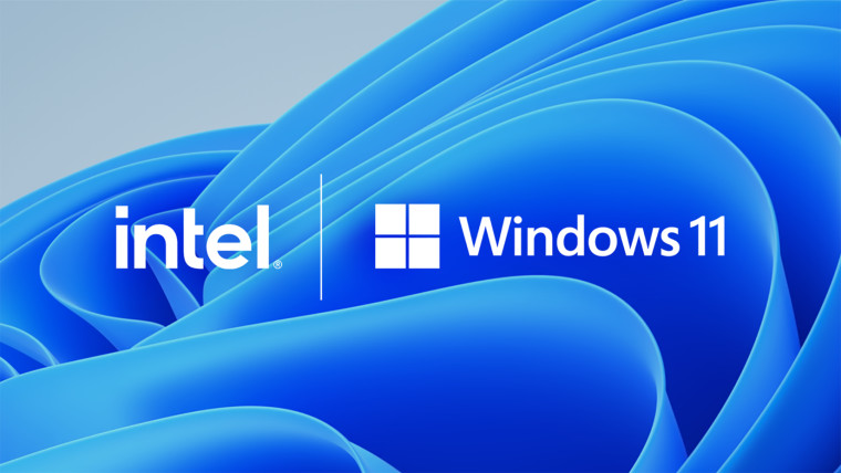 Intel and Windows 11 logos side by side with Windows 11 default wallpaper as background