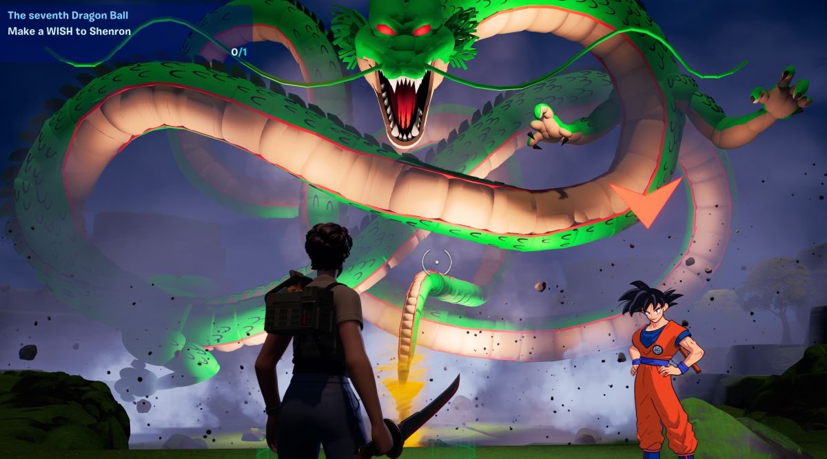 QA player stands below a flying green dragon named Shenron while Goku watches nearby