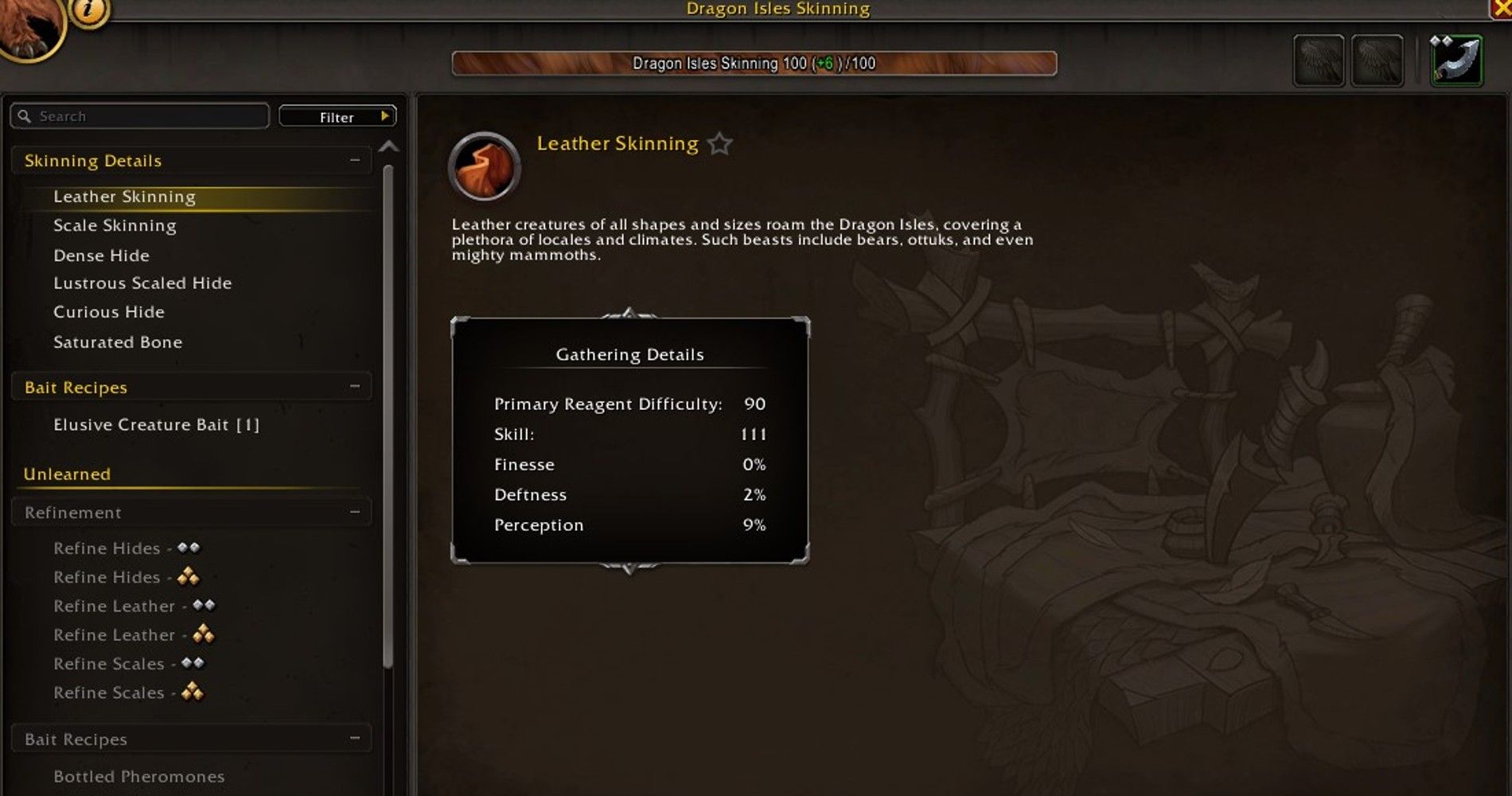 Omówienie umiejętności skórowania skóry w World of Warcraft.