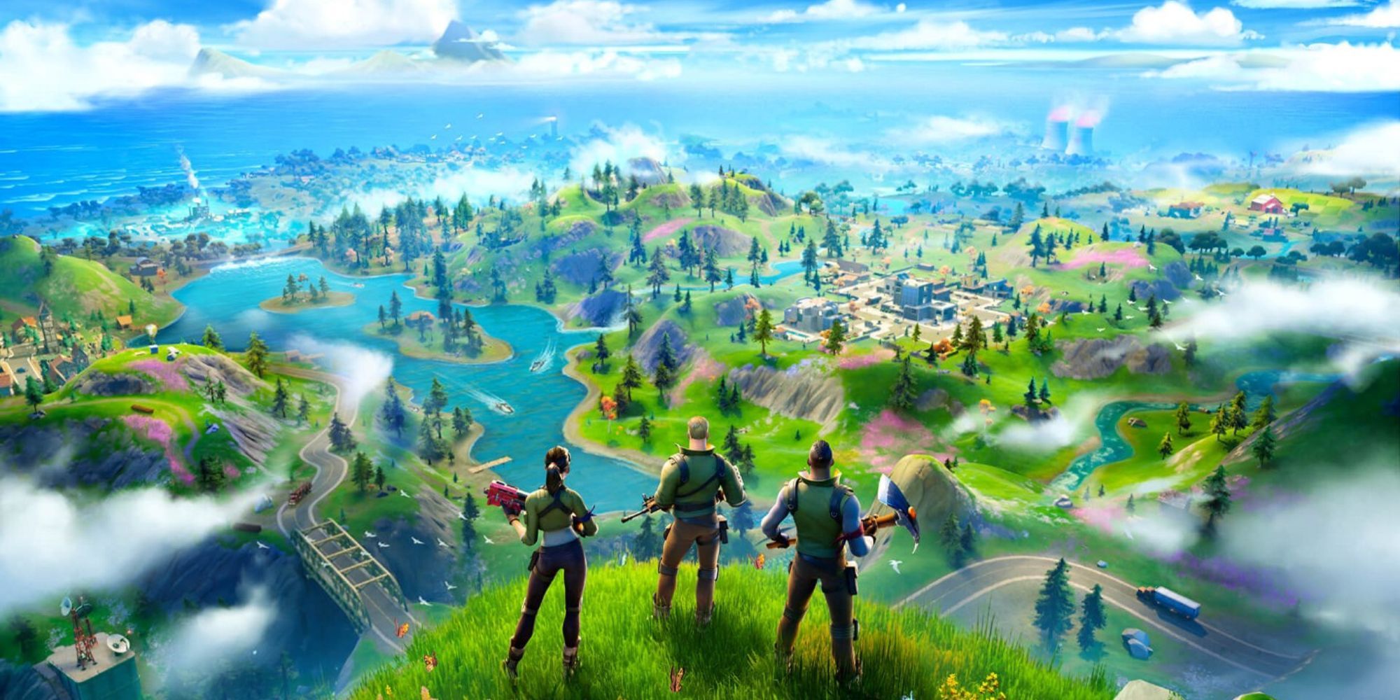 Three characters stand on a cliff overlooking the Fortnite map