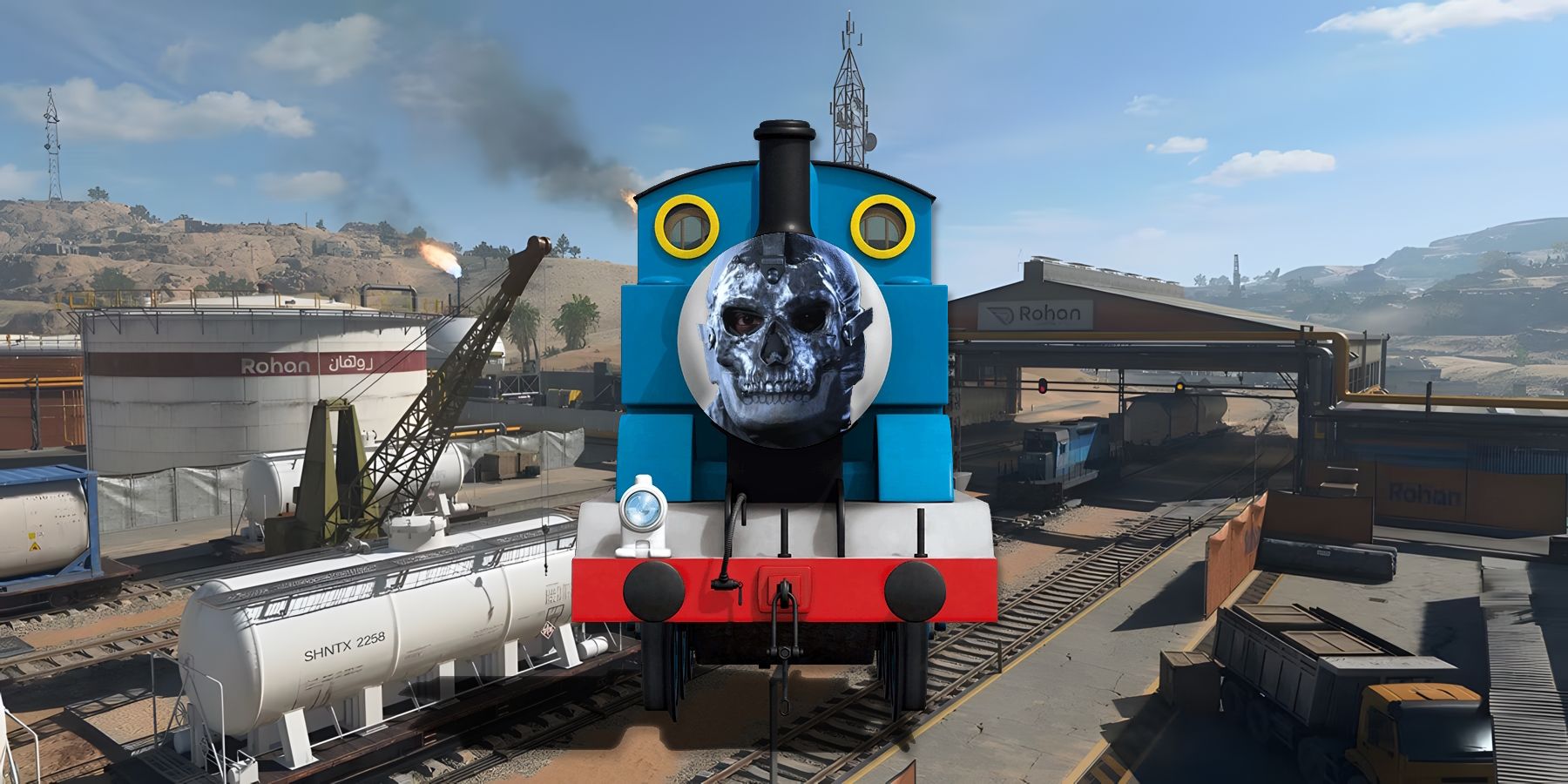 Screenshot of the Al Mazrah train tracks in Warzone 2 with Thomas the Tank Engine and Ghost
