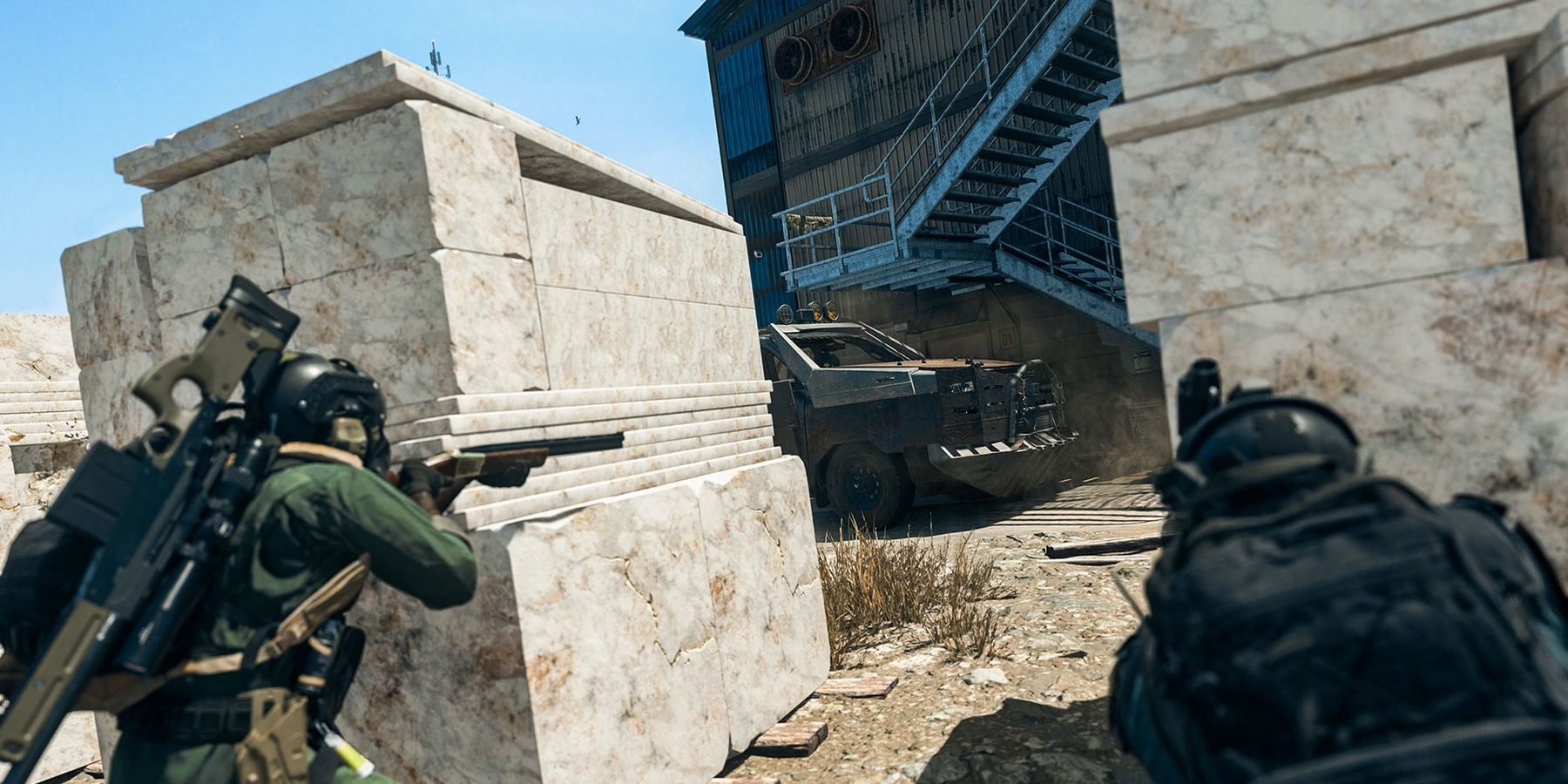 Screenshot of two soldiers and a vehicle in Warzone 2