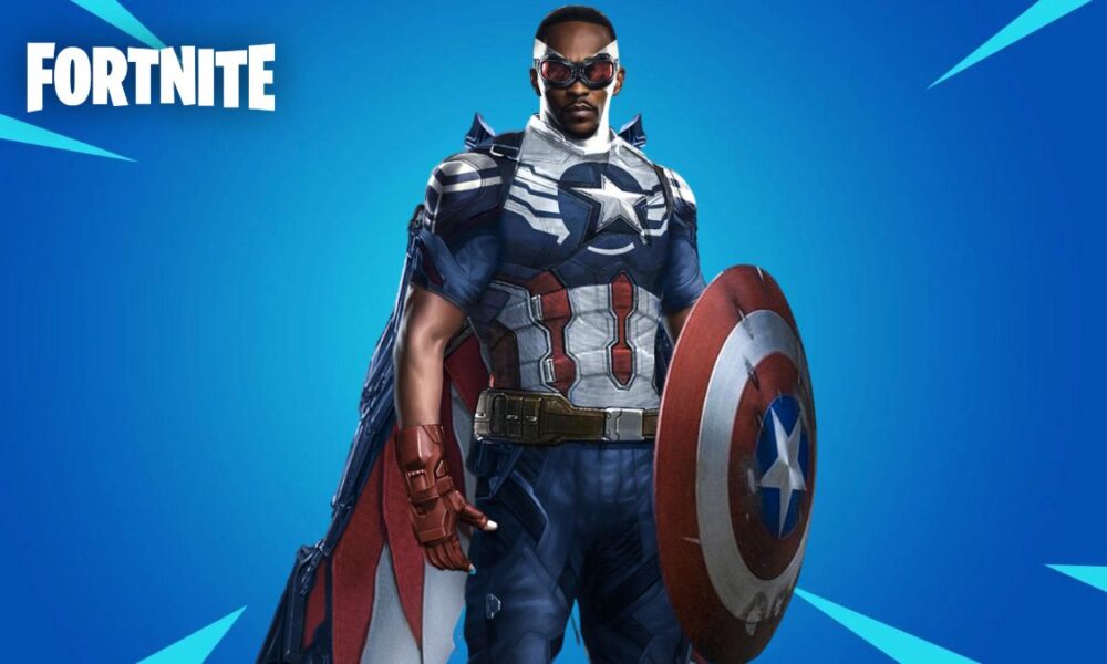 Sam Wilson Captain America with Fortnite logo