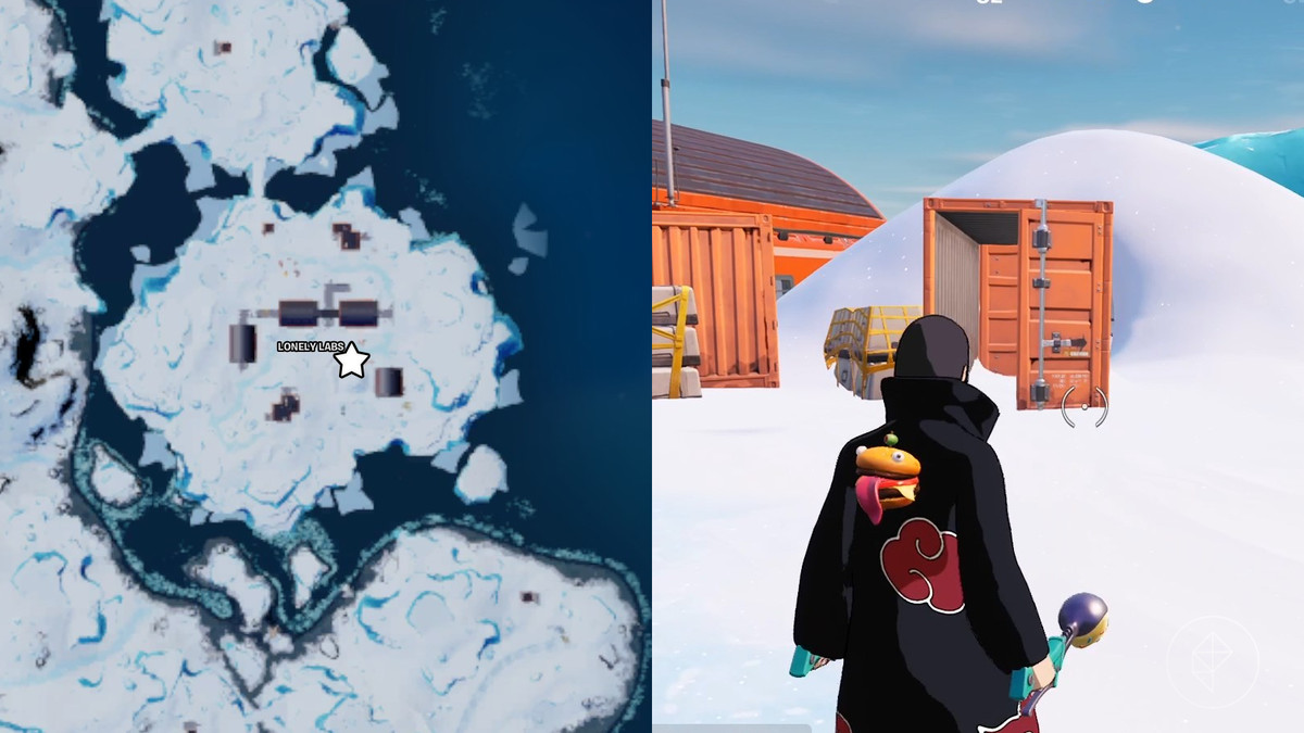 Lokalizacja kontenera magazynu Lonely Labs dla zadania Zaszyfrowane szyfry w Fortnite, przedstawiona na mapie i zrzucie ekranu z gry przedstawiającym Itachiego Uchiha w tym obszarze.