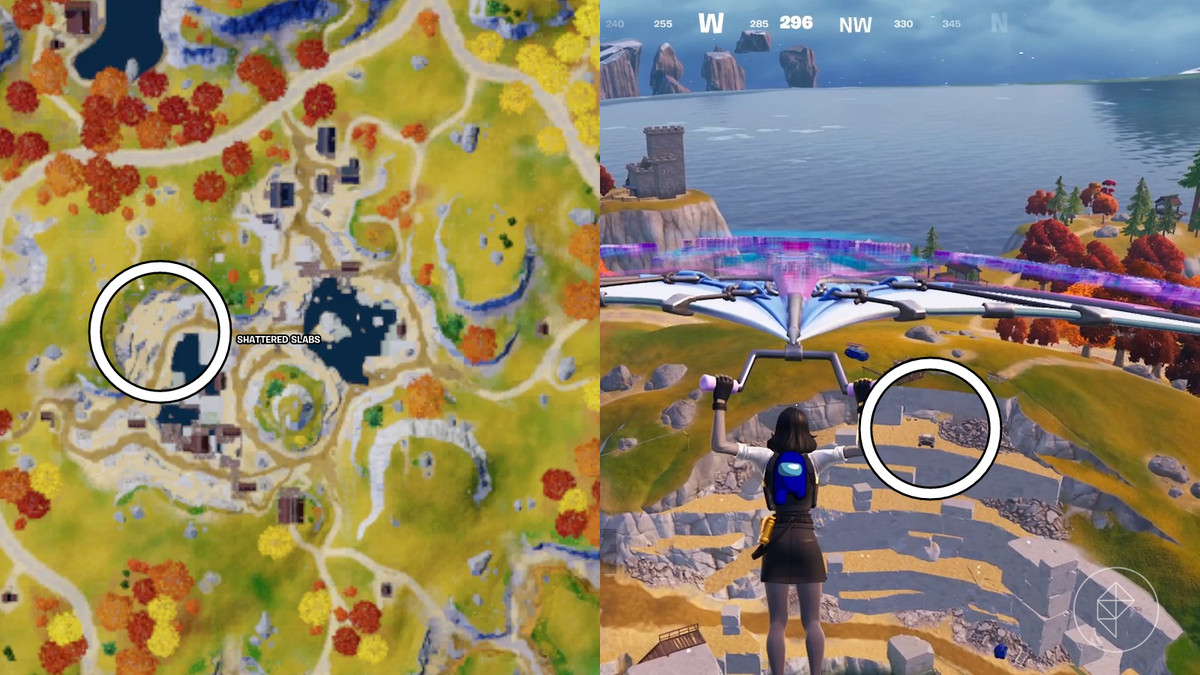 Mapa przedstawiająca obszar Shattered Slabs w Fortnite wraz ze zrzutem ekranu z gry przedstawiającym tę lokalizację. Amogus. Niebieski wśród nas.