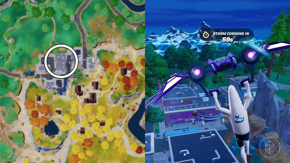 Mapa pokazująca lokalizację Splits Bowl w Fortnite wraz z obrazem budynku i nieobranym bananem.