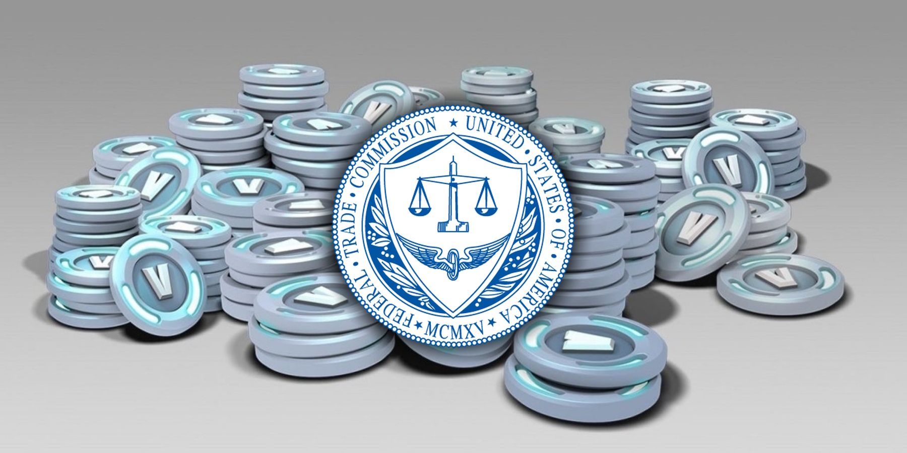 FTC logo on top of a pile of Fortnite V-Bucks