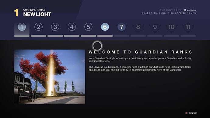 Destiny 2 Lightfall — ekran powitalny Rankingów Strażników z 11 poziomami
