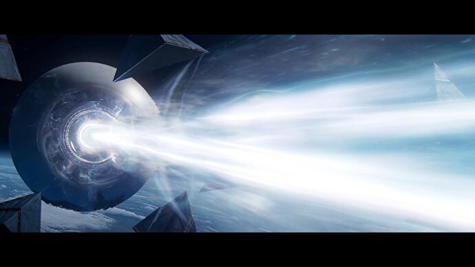 Destiny 2 Lightfall – przerywnik filmowy, w którym Podróżnik wystrzeliwuje promień podobny do Gwiazdy Śmierci