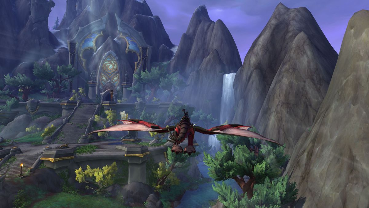 WoW Bronze Dust - a player on a dragonriding mount is flying next to some mountains