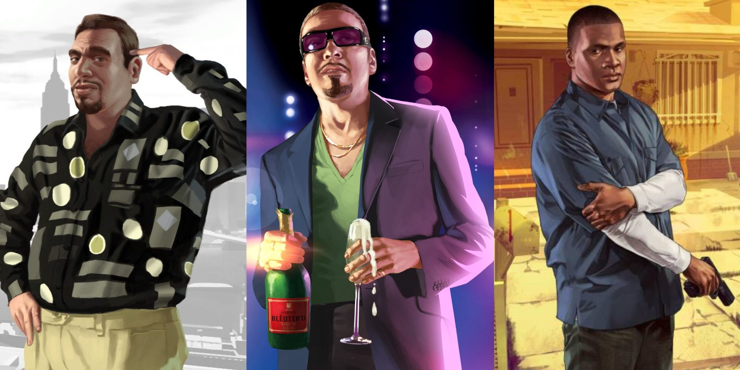 A split image of Roman Bellic, Tony Prince, and Franklin Clinton from the Grand Theft Auto franchise